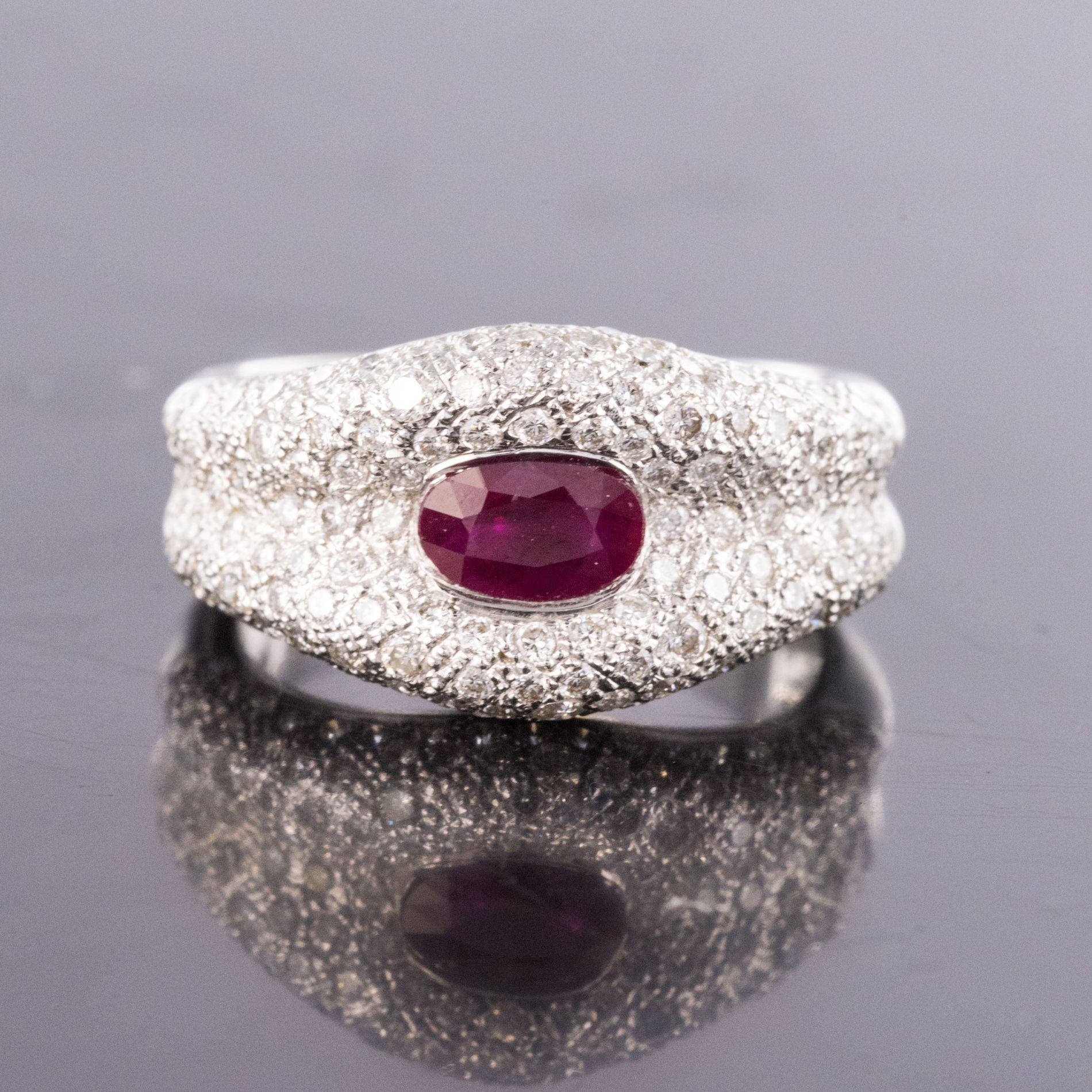 French Modern Ruby and Diamond 18 Carat White Gold Band Ring For Sale 2