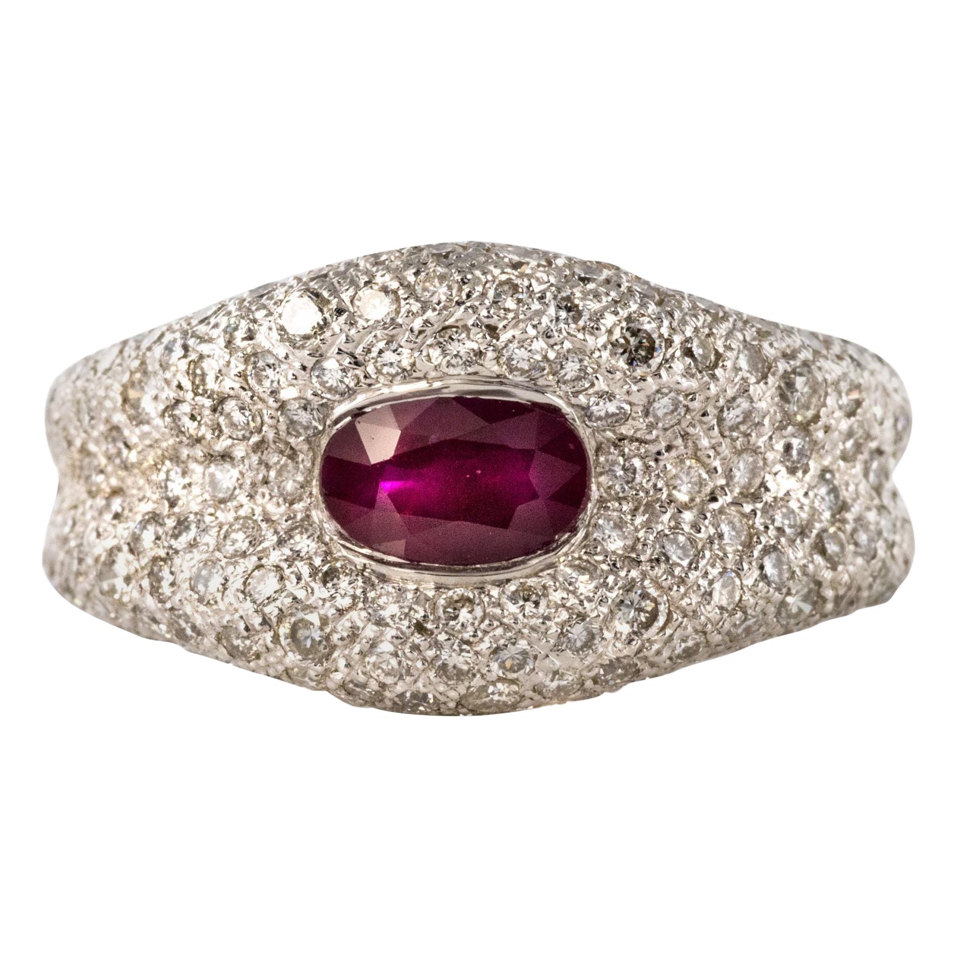 French Modern Ruby and Diamond 18 Carat White Gold Band Ring