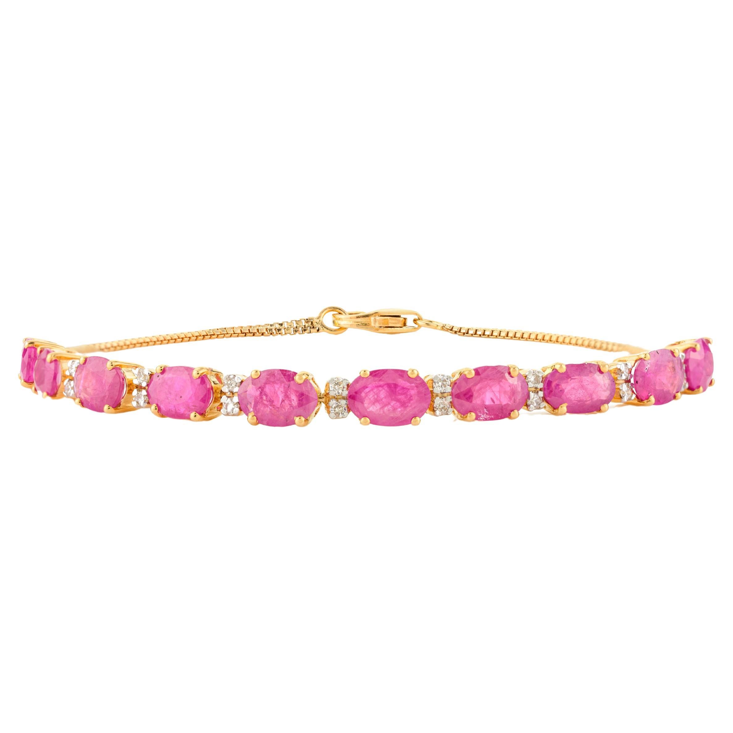 Modern Ruby Diamond Chain Bracelet Gift for Mom in 18k Solid Yellow Gold