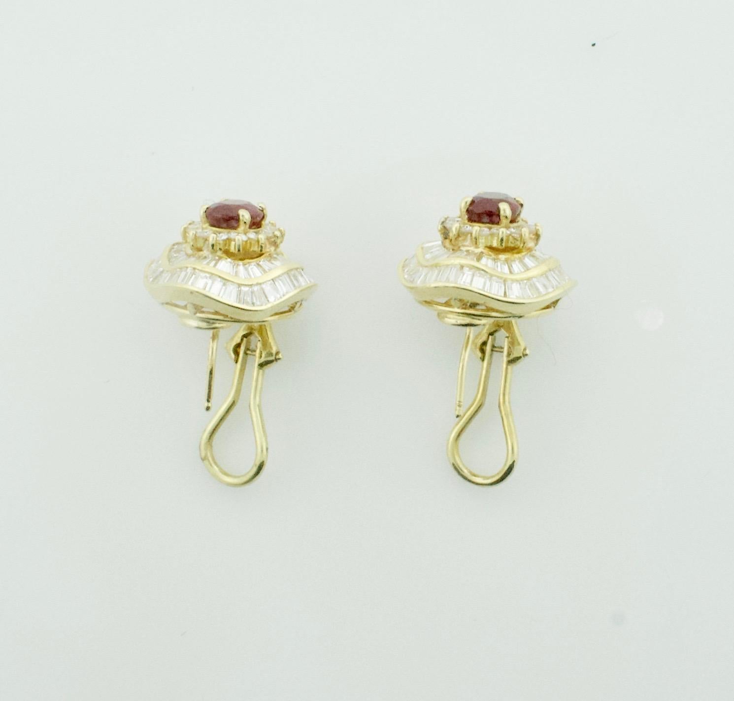 Oval Cut Modern Ruby and Diamond Earrings in 18k Yellow Gold