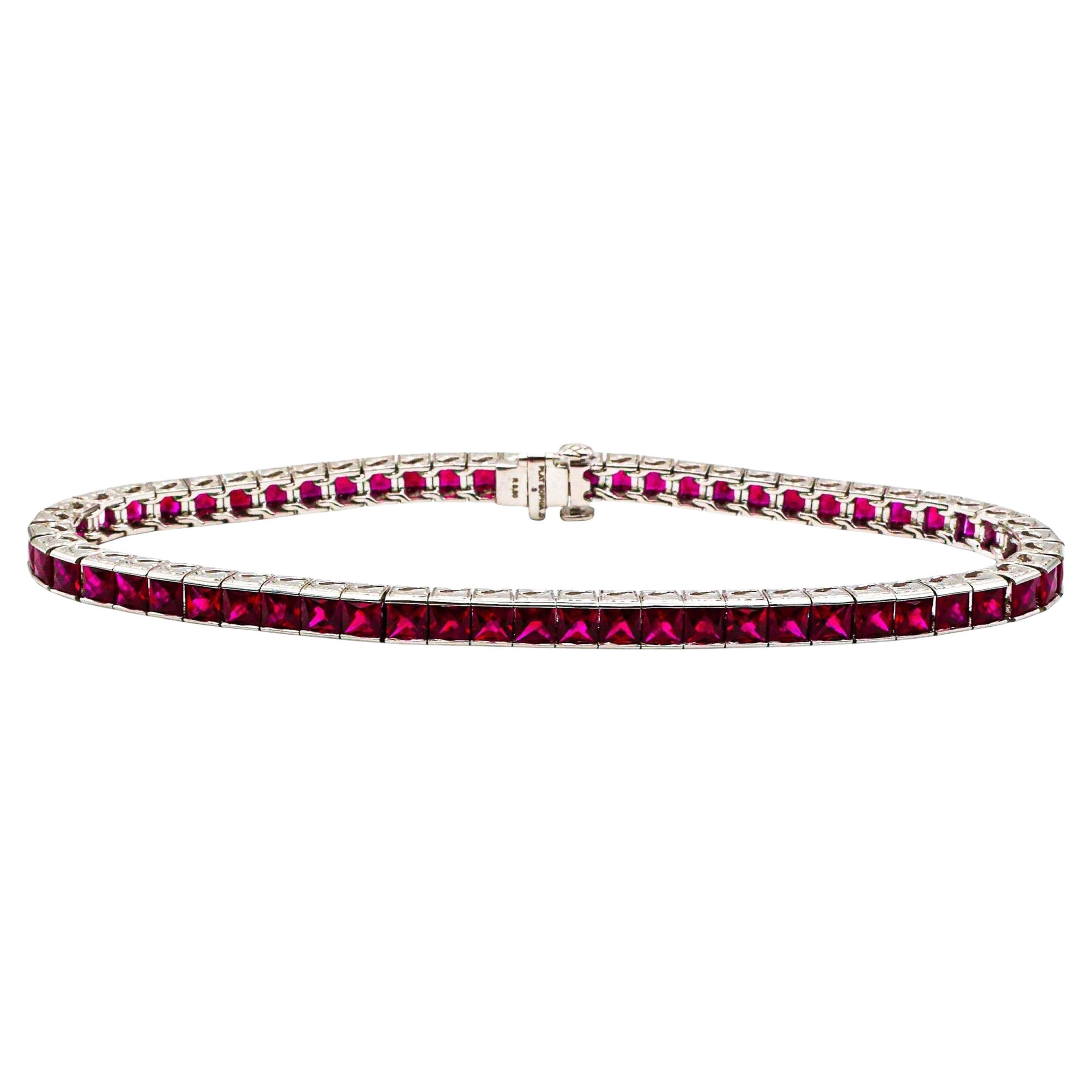 Modern Ruby and Platinum Line Bracelet, 8.90 Carats For Sale