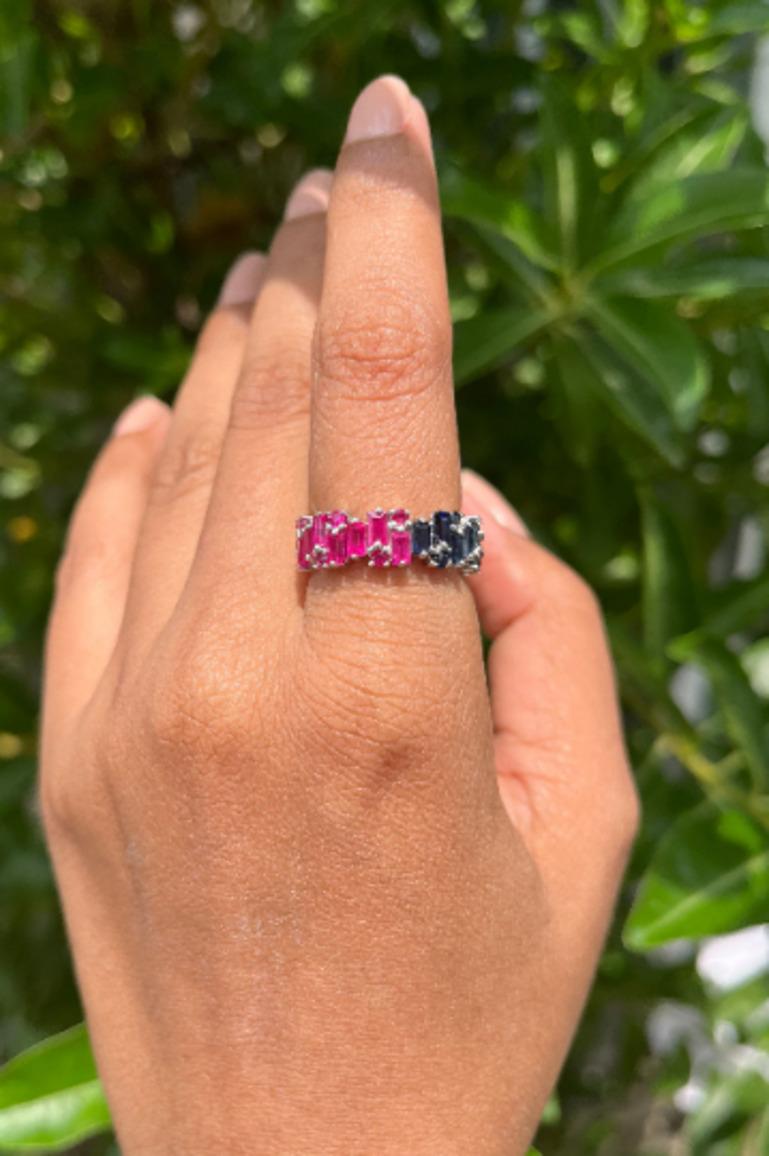 For Sale:  Uneven Ruby Sapphire Band Ring in 925 Sterling Silver, Thank You Gift For Her 7