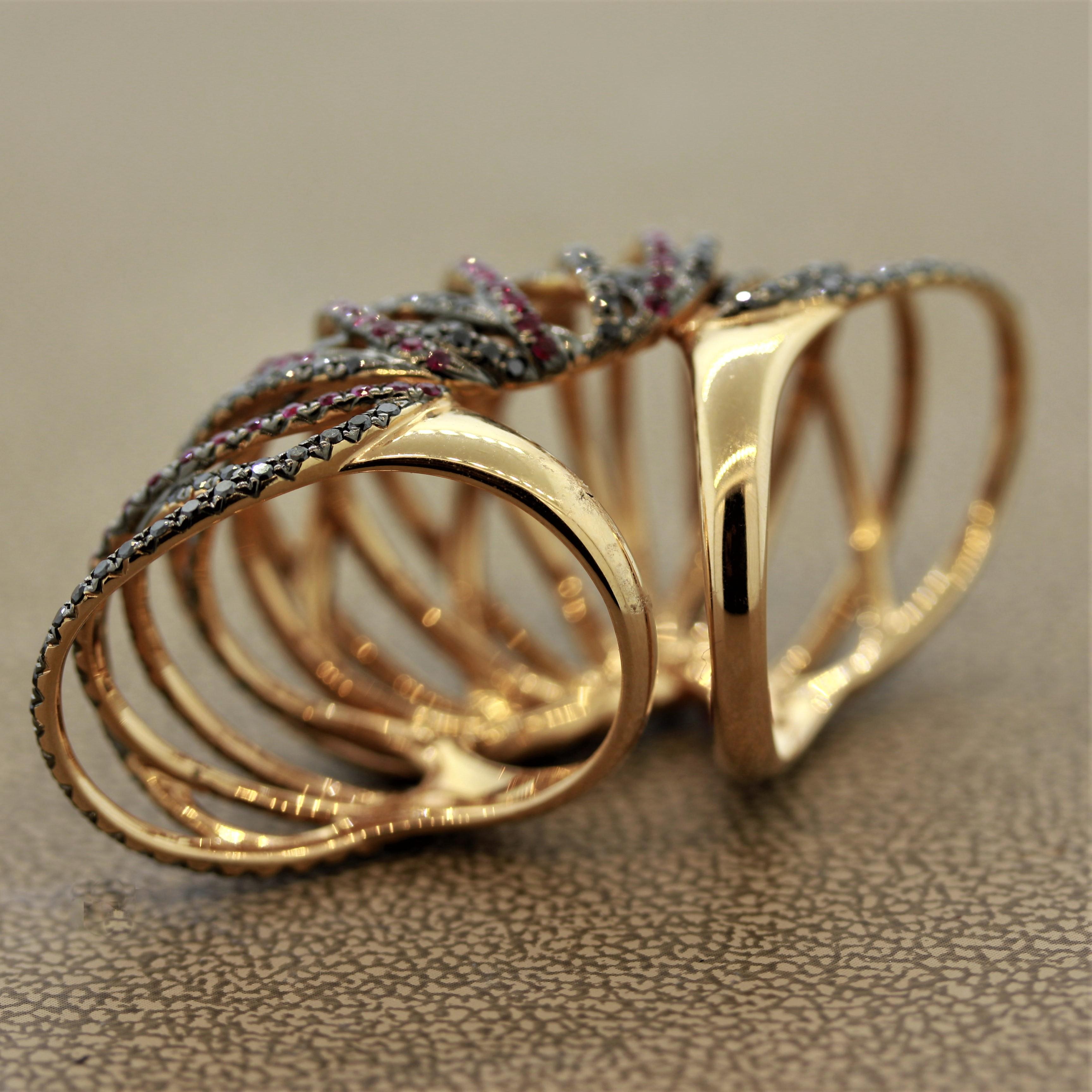 Modern Ruby Black Diamond Gold Flexible Cocktail Ring In New Condition For Sale In Beverly Hills, CA