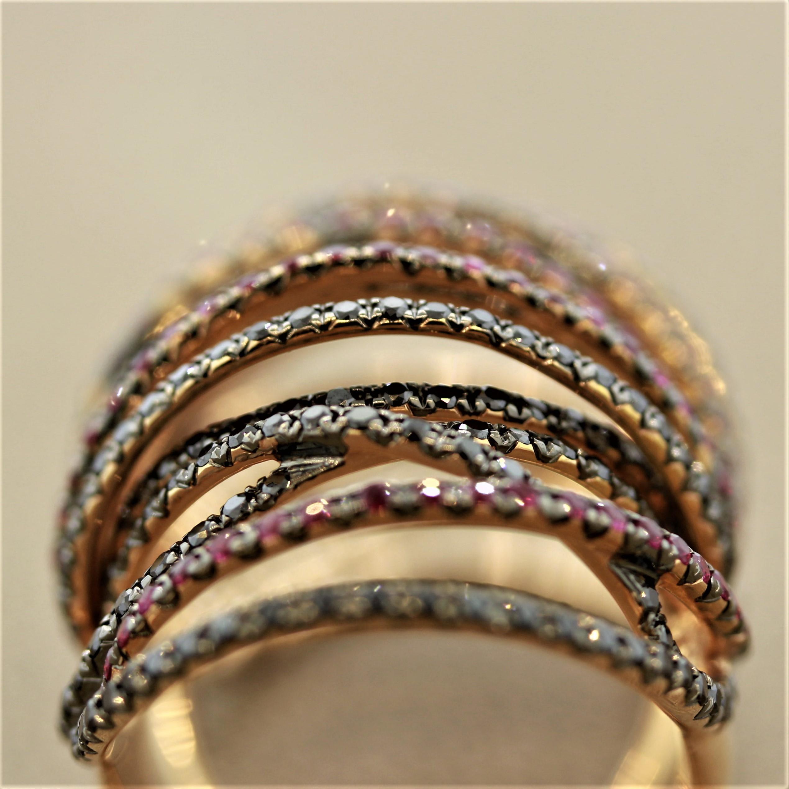 Women's Modern Ruby Black Diamond Gold Flexible Cocktail Ring For Sale