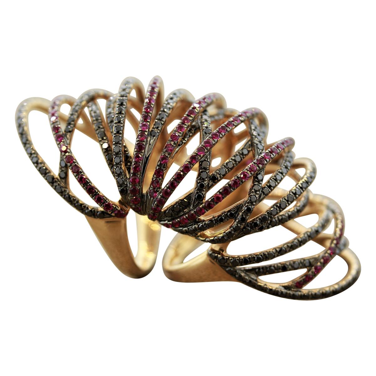 Modern Ruby Black Diamond Gold Flexible Cocktail Ring For Sale