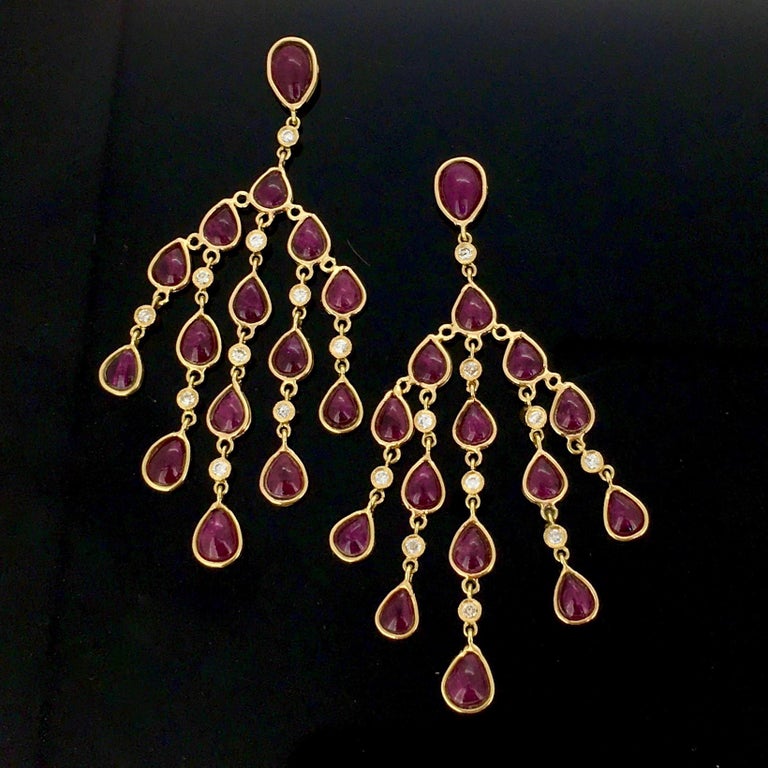 Modern Ruby Cabochon Diamond Yellow Gold Drops Dangle Chandelier Earrings For Sale at 1stDibs
