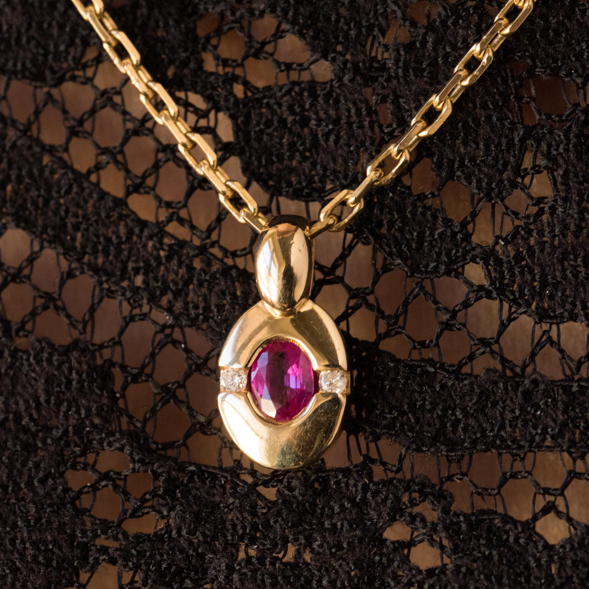 Modern Ruby Diamond 18 Karat Yellow Gold Pendant and Chain In Excellent Condition In Poitiers, FR