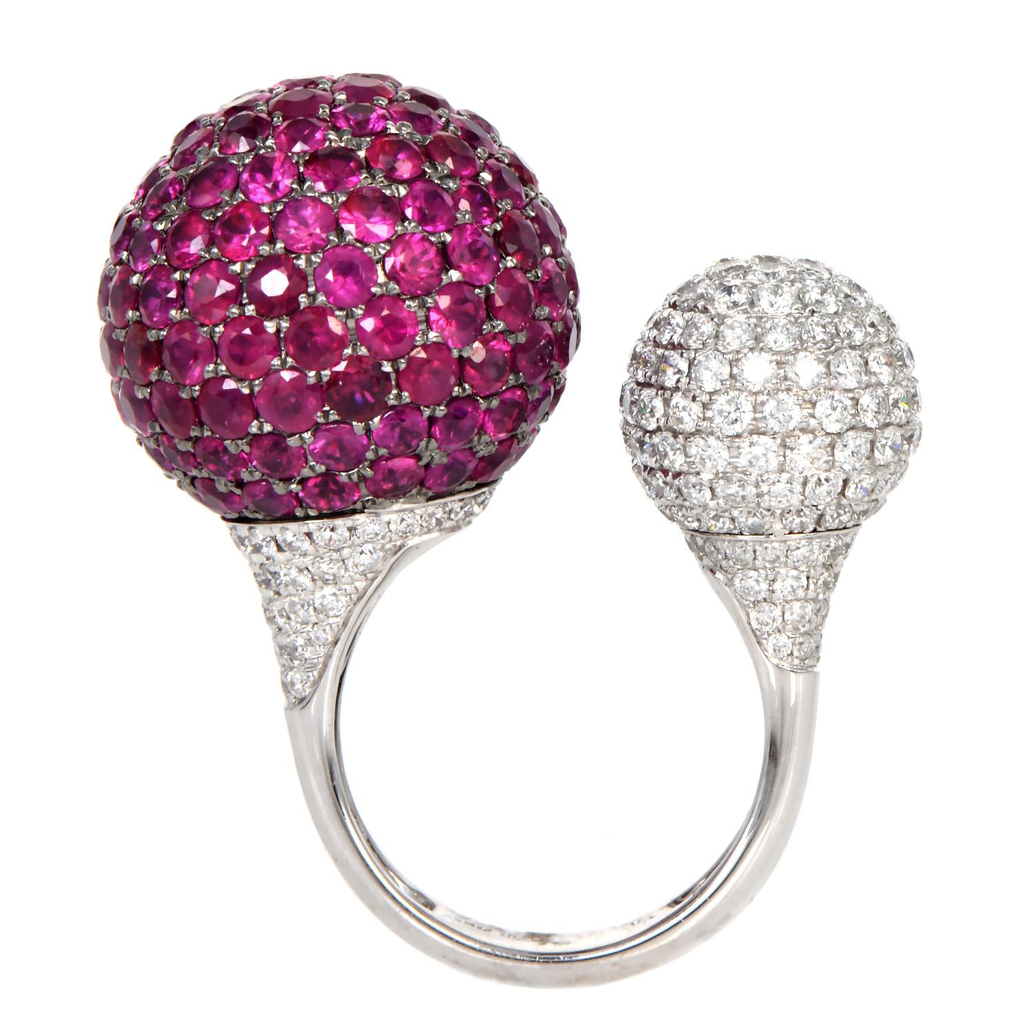 Round Cut Modern Ruby Diamond 18K White Gold Double Ball Cocktail Ring