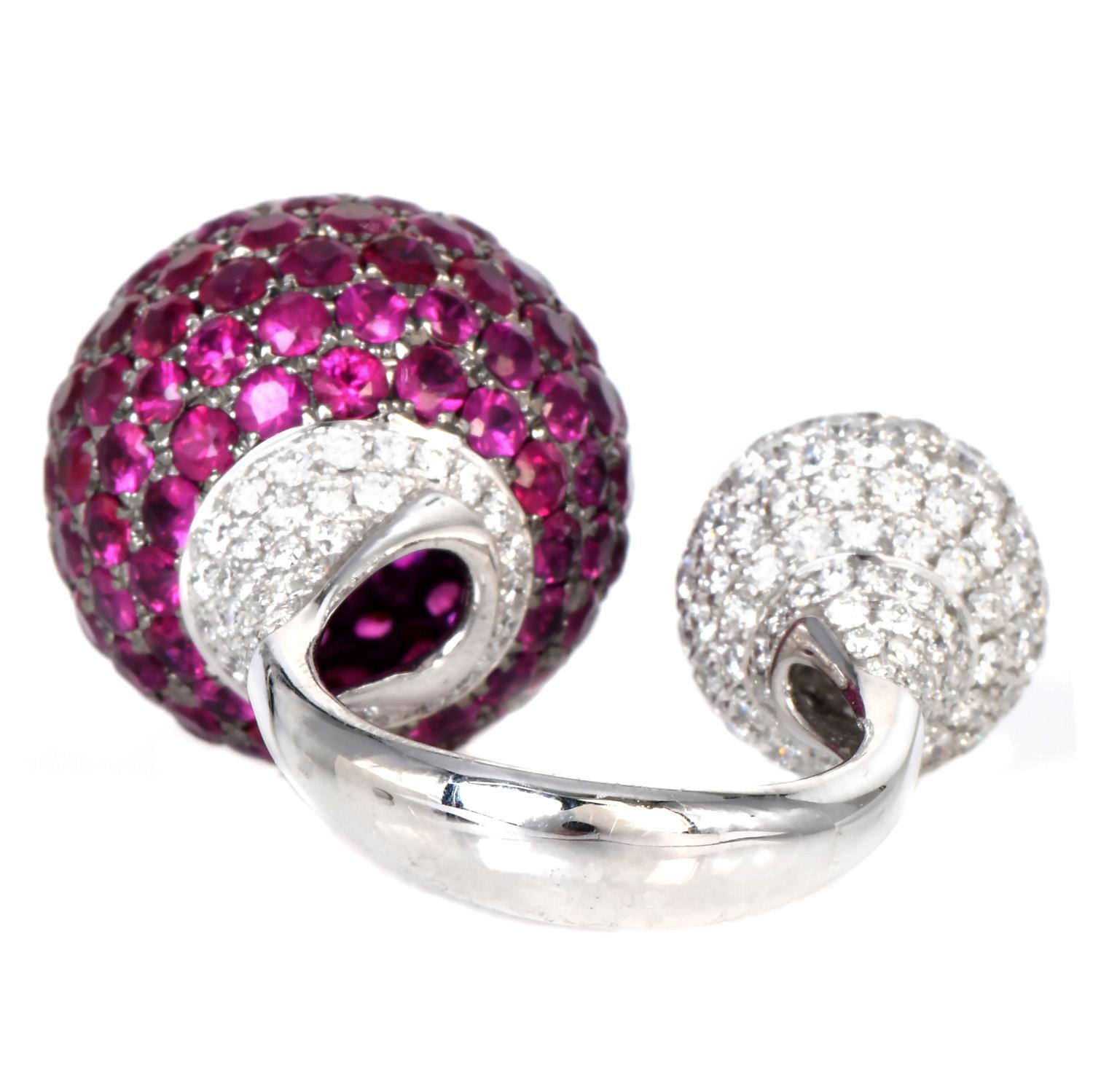Modern Ruby Diamond 18K White Gold Double Ball Cocktail Ring In Excellent Condition In Miami, FL