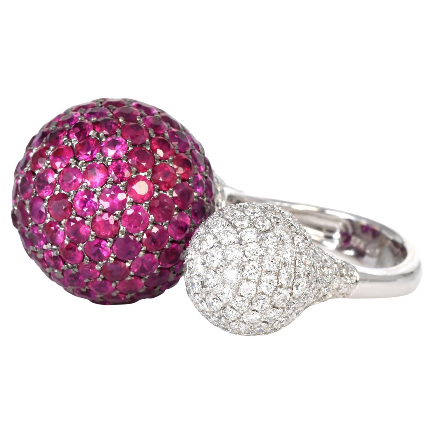 Modern Ruby Diamond 18K White Gold Double Ball Cocktail Ring