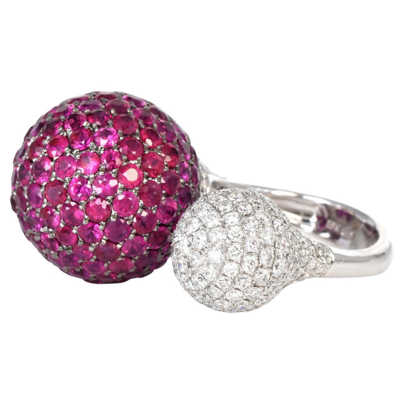 Modern Ruby Diamond 18K White Gold Double Ball Cocktail Ring For Sale ...