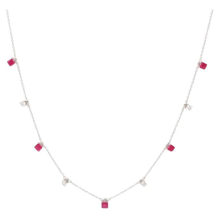 Collana moderna in oro bianco 18 carati con diamanti e rubini per lei