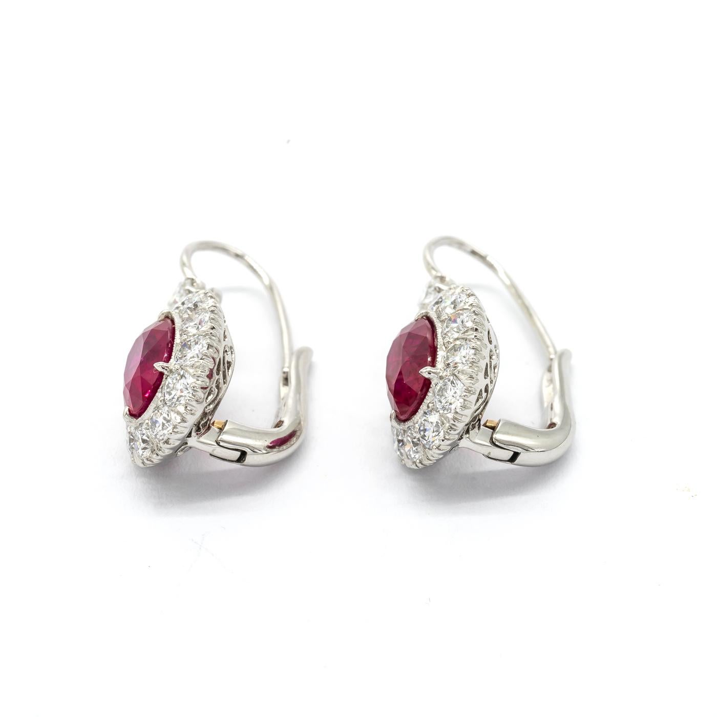 Oval Cut Modern Ruby, Diamond and Platinum Cluster Earrings For Sale