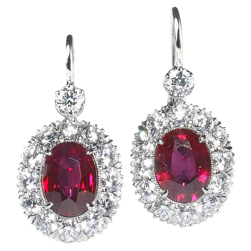 Modern Ruby, Diamond and Platinum Cluster Earrings For Sale