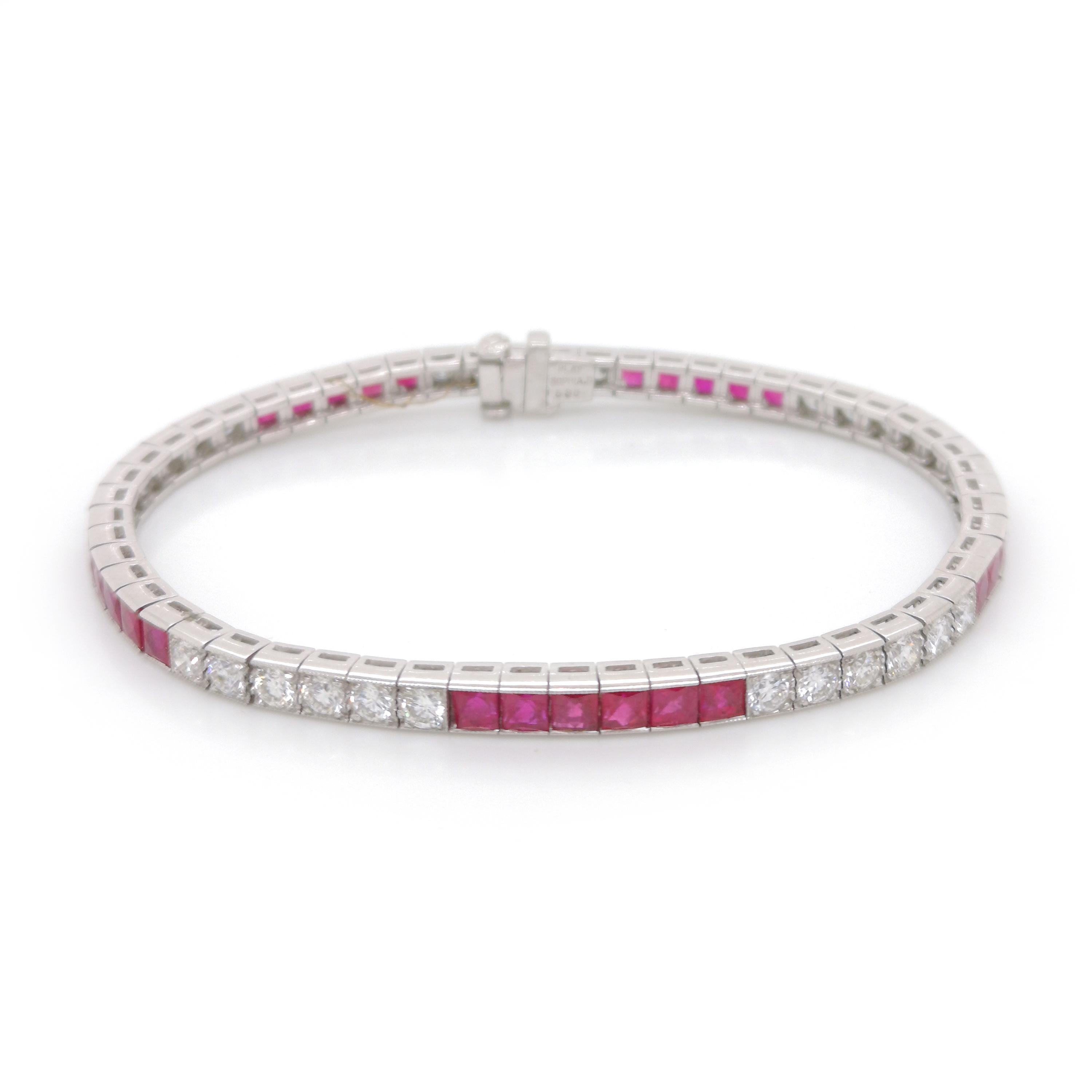Modern Ruby Diamond and Platinum Line Bracelet In Good Condition In London, GB
