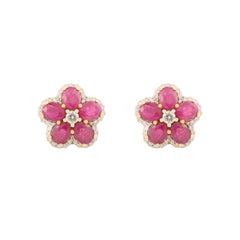 Moderne Rubin & Diamant Blume Ohrstecker aus 14k Gelbgold für Frauen