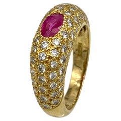 Retro Modern Ruby Diamond Gold 18 karat Gold Domed Ring Full British Hallmark 
