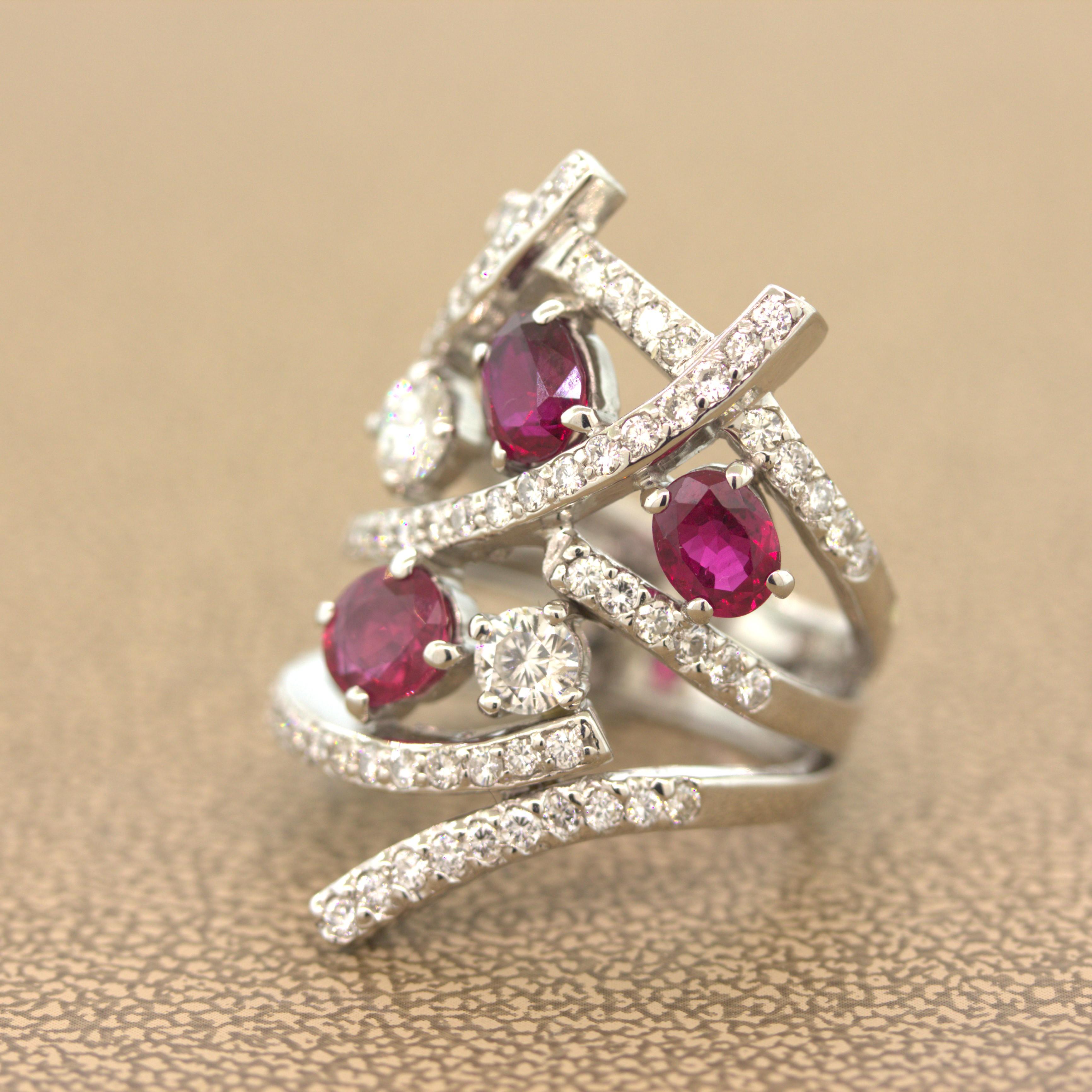 Round Cut Modern Ruby Diamond Gold Bypass Ring For Sale