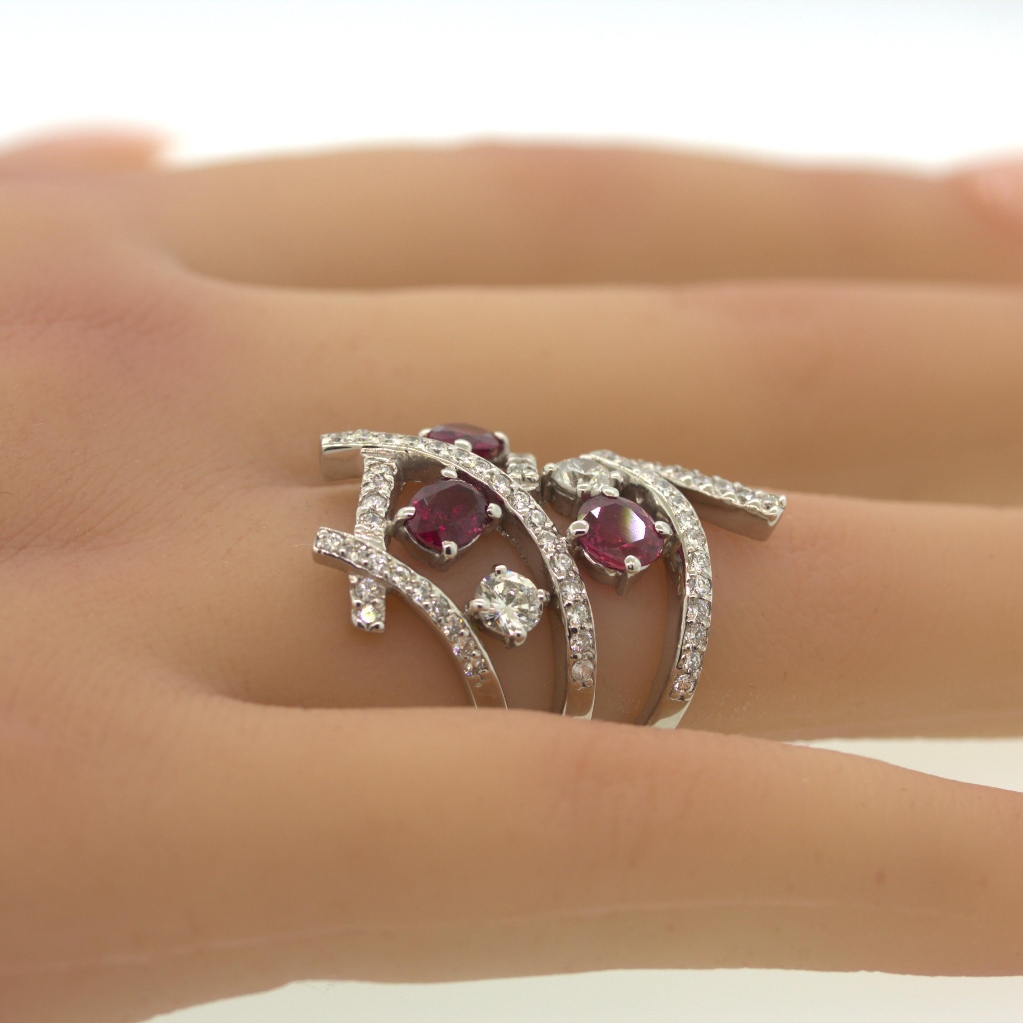 Women's Modern Ruby Diamond Gold Bypass Ring For Sale