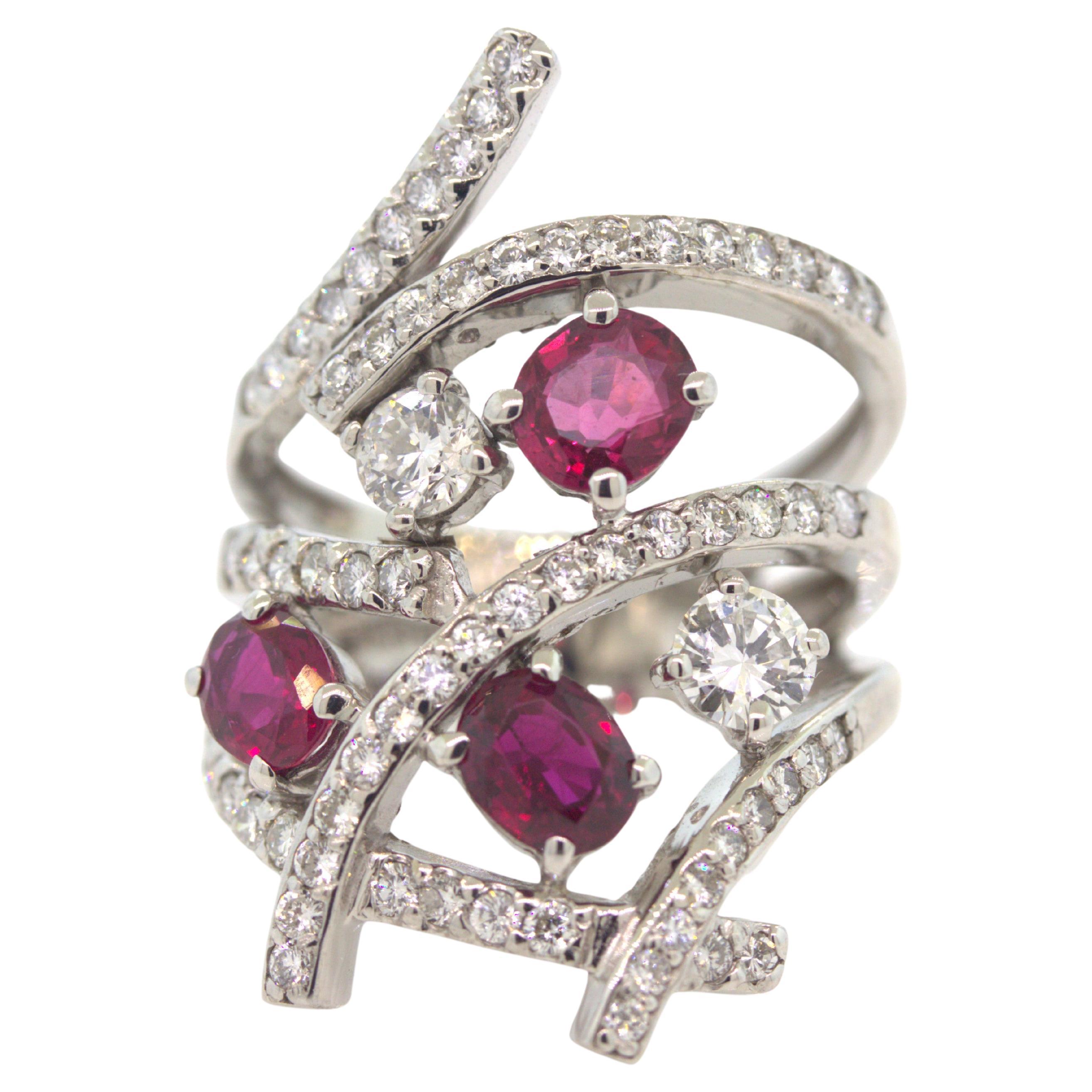 Modern Ruby Diamond Gold Bypass Ring For Sale