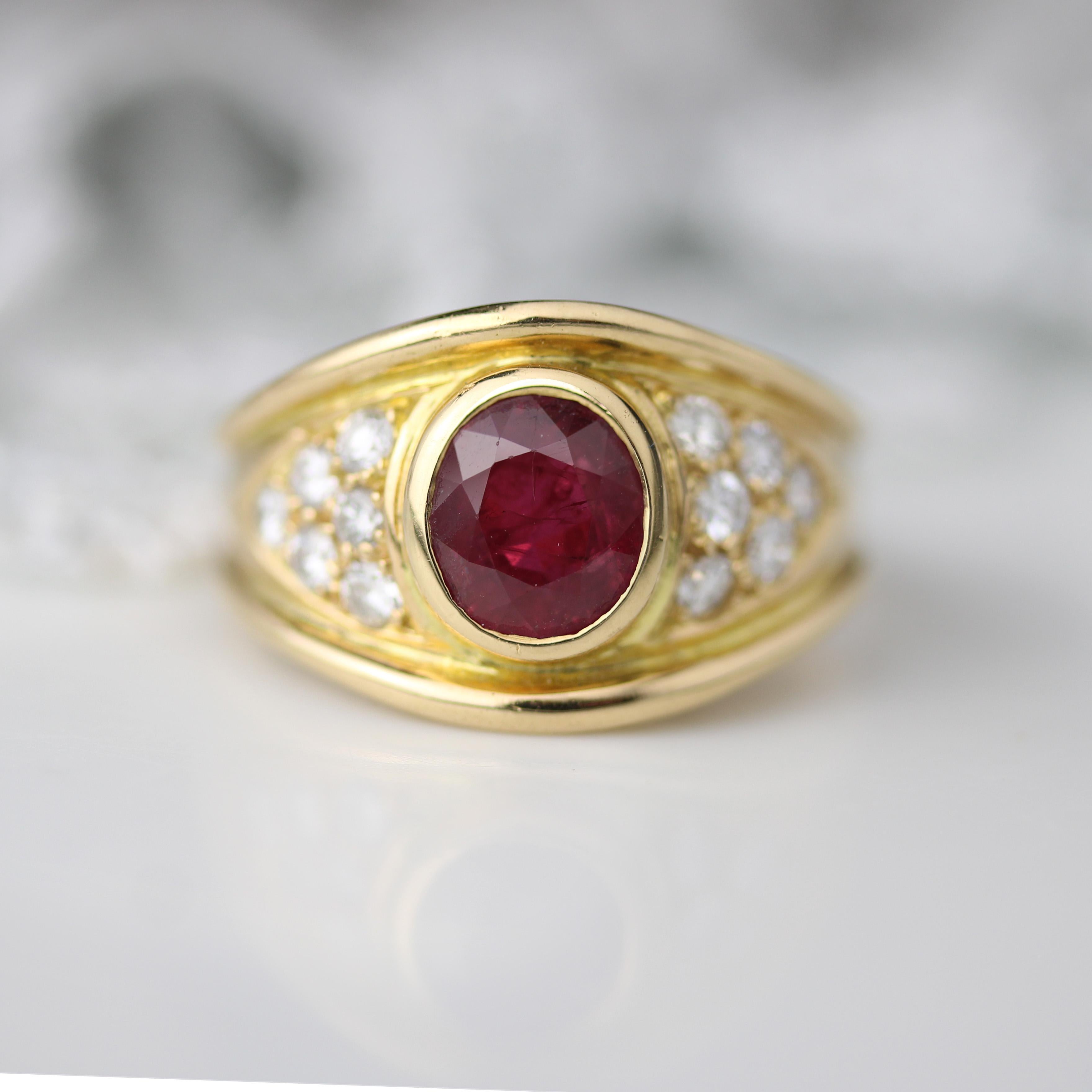 Oval Cut Modern Ruby Diamonds 18 Karat Yellow Gold Large Ring For Sale