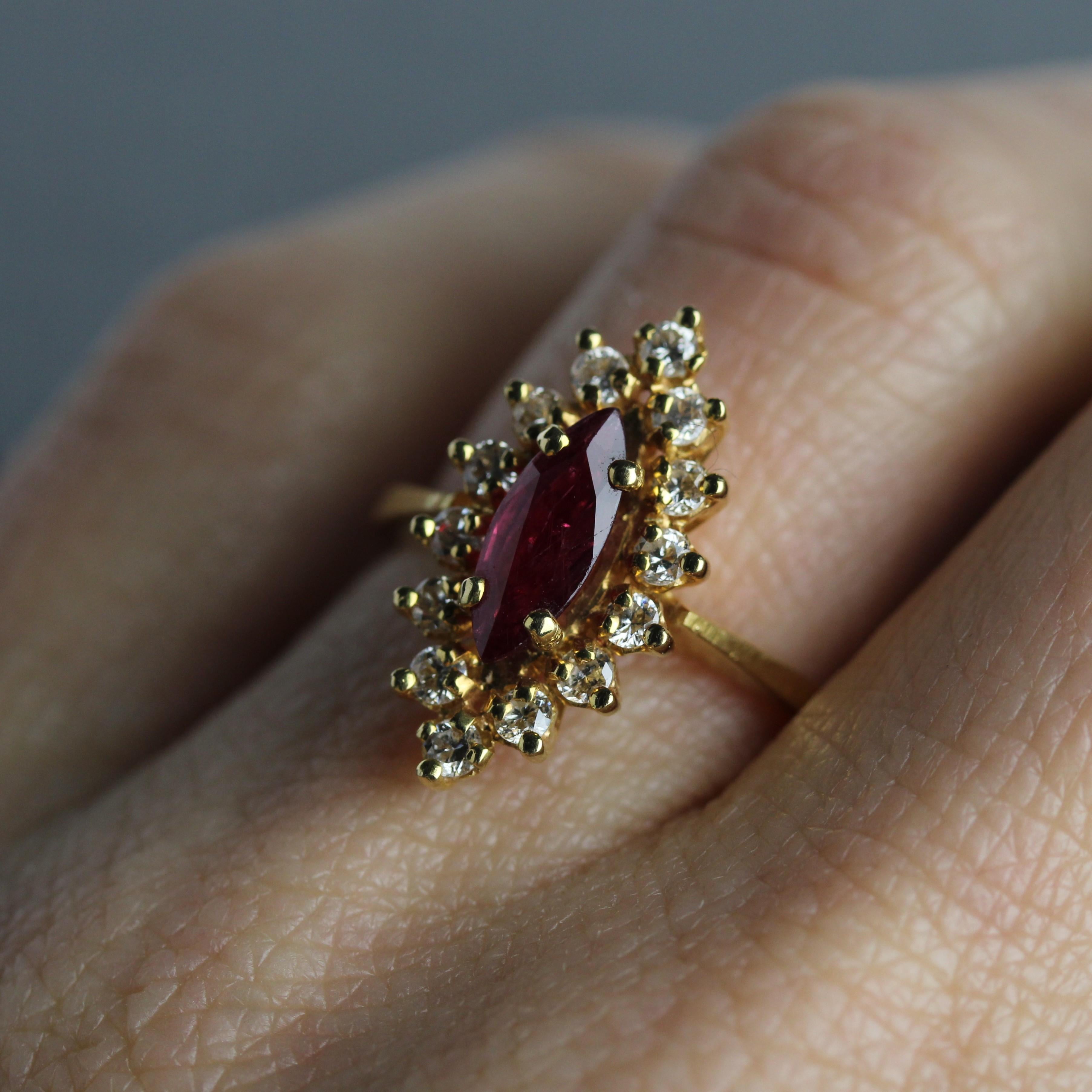 Modern Ruby Diamonds 18 Karat Yellow Gold Marquise Shape Ring For Sale 7