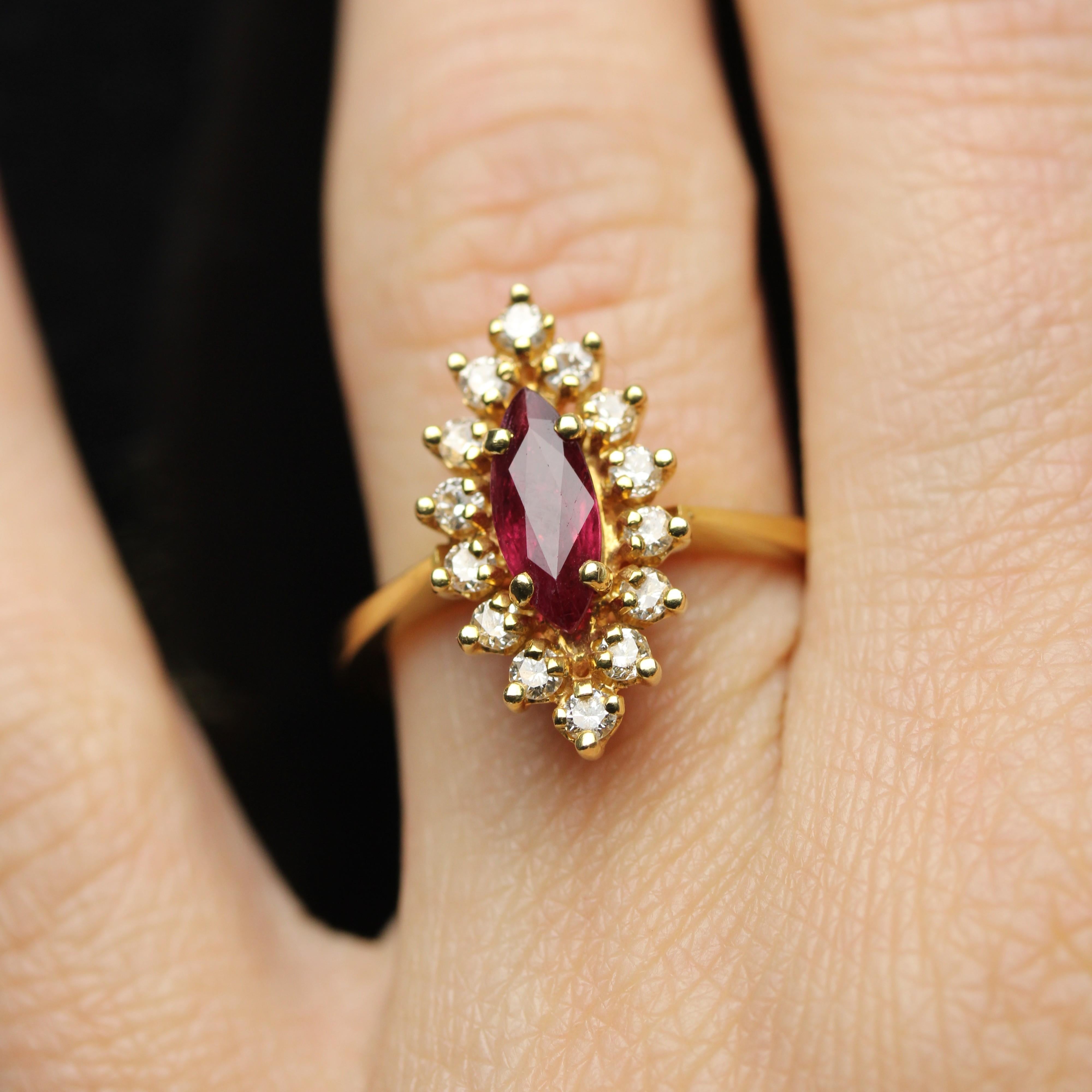 Modern Ruby Diamonds 18 Karat Yellow Gold Marquise Shape Ring For Sale 1