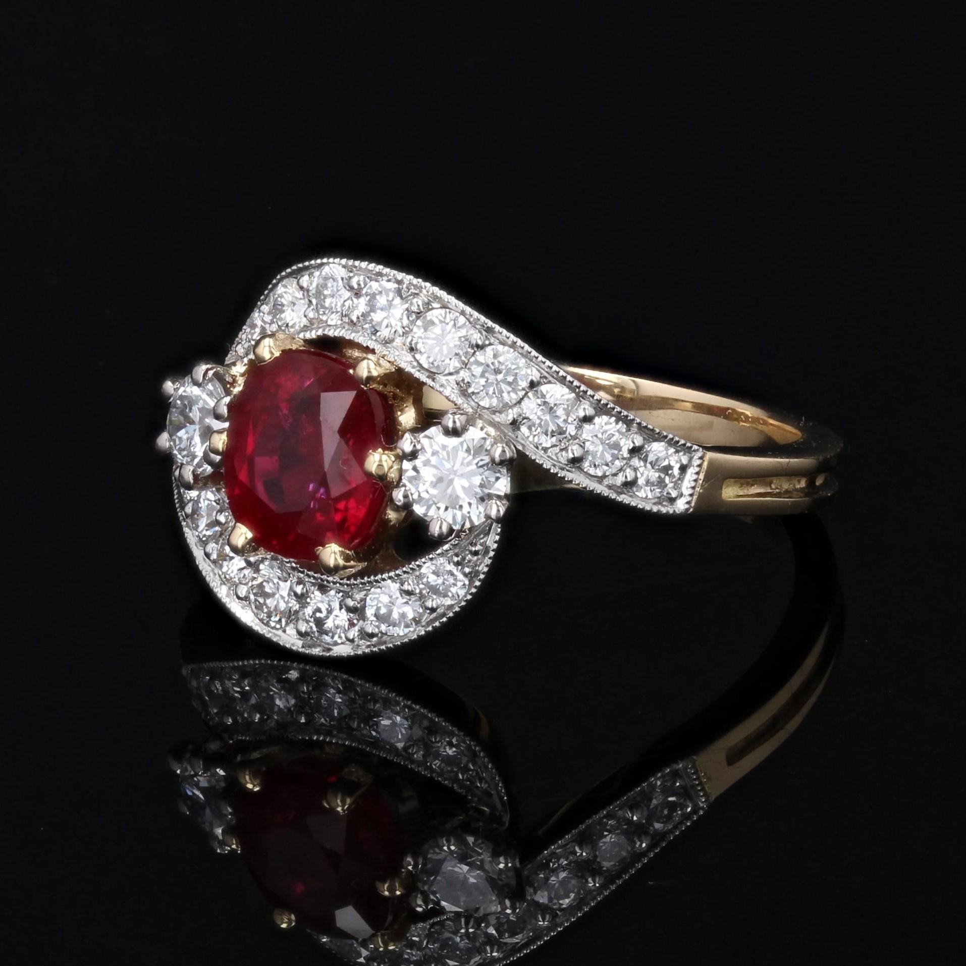 Moderner Rubin-Diamant-Ring aus 18 Karat Gelbgold und Platin mit Wirbel für Damen oder Herren