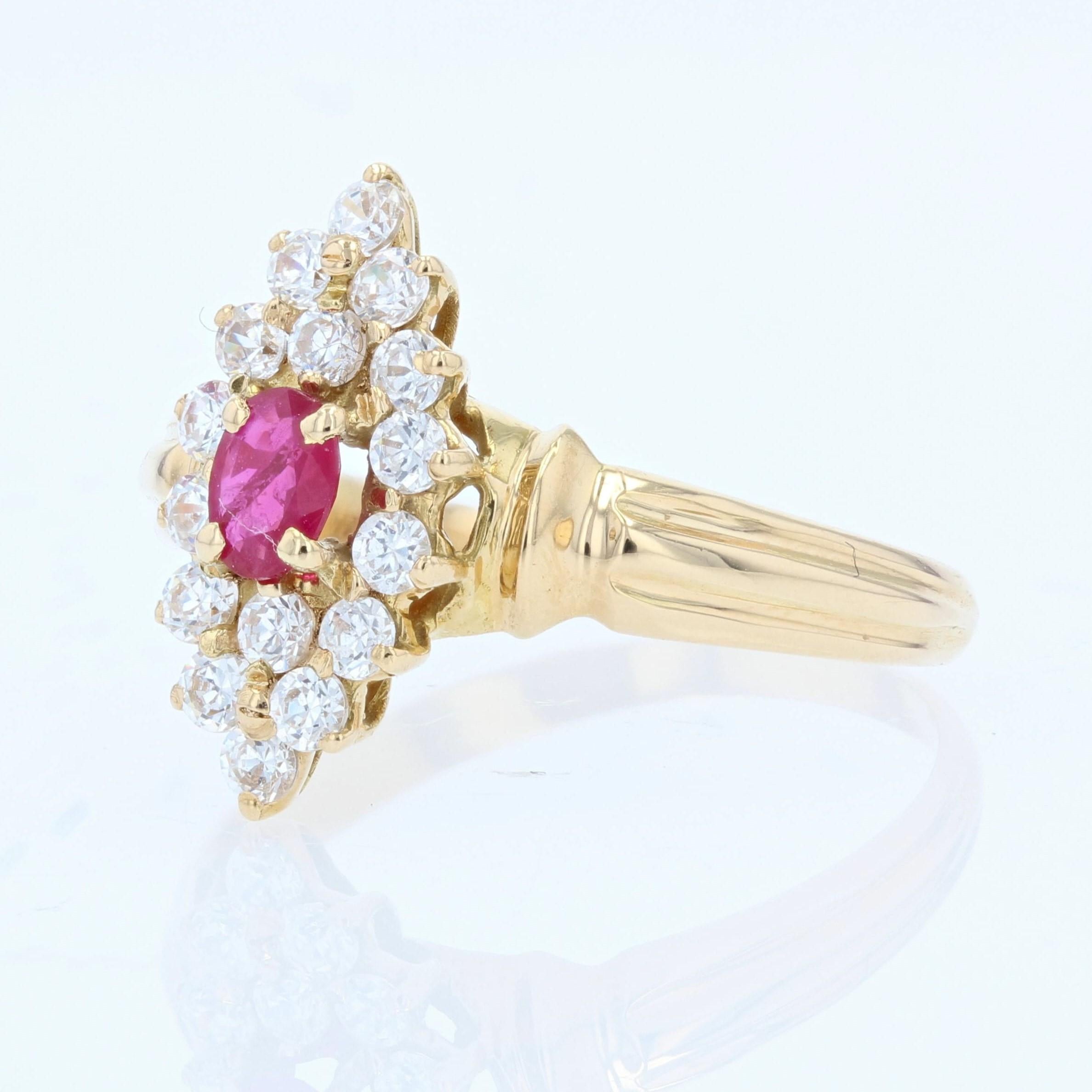 Modern Ruby Diamonds 18 Karat Yellow Gold Shuttle Shape Ring In Good Condition For Sale In Poitiers, FR