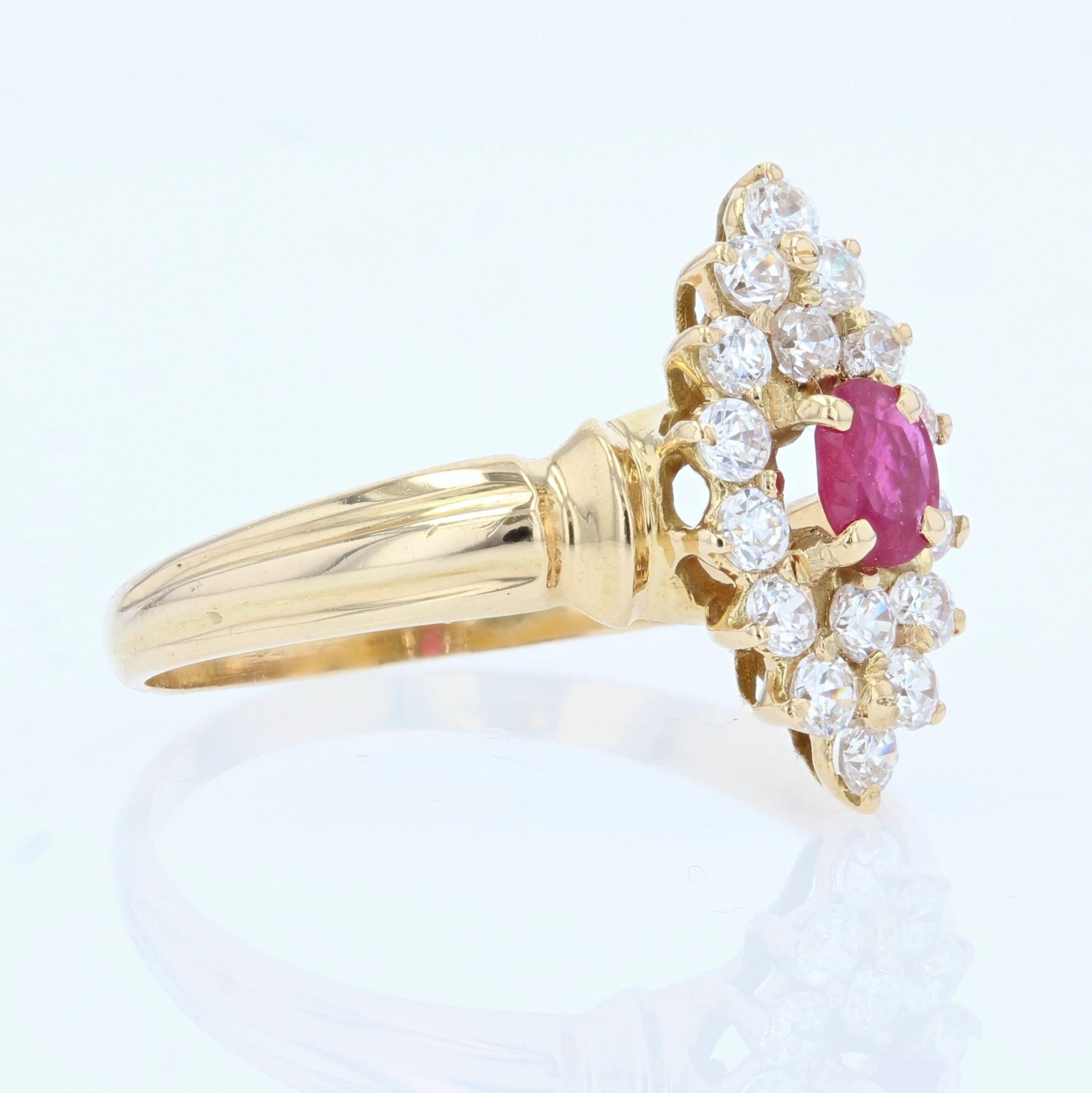 Modern Ruby Diamonds 18 Karat Yellow Gold Shuttle Shape Ring For Sale 1