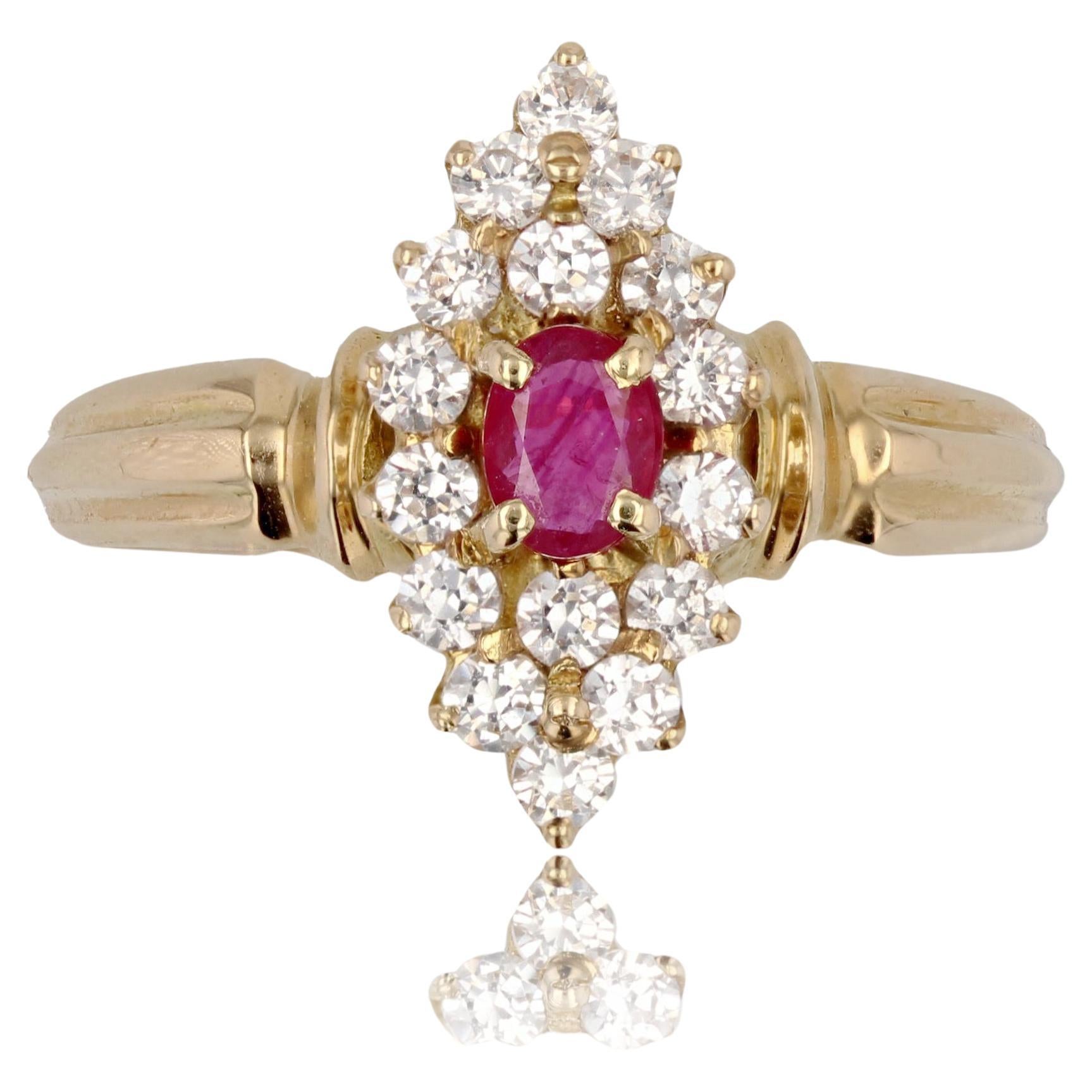 Modern Ruby Diamonds 18 Karat Yellow Gold Shuttle Shape Ring For Sale