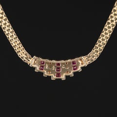Modern Ruby Diamonds Gold Necklace, 18K Yellow Gold Ruby Diamond Necklace