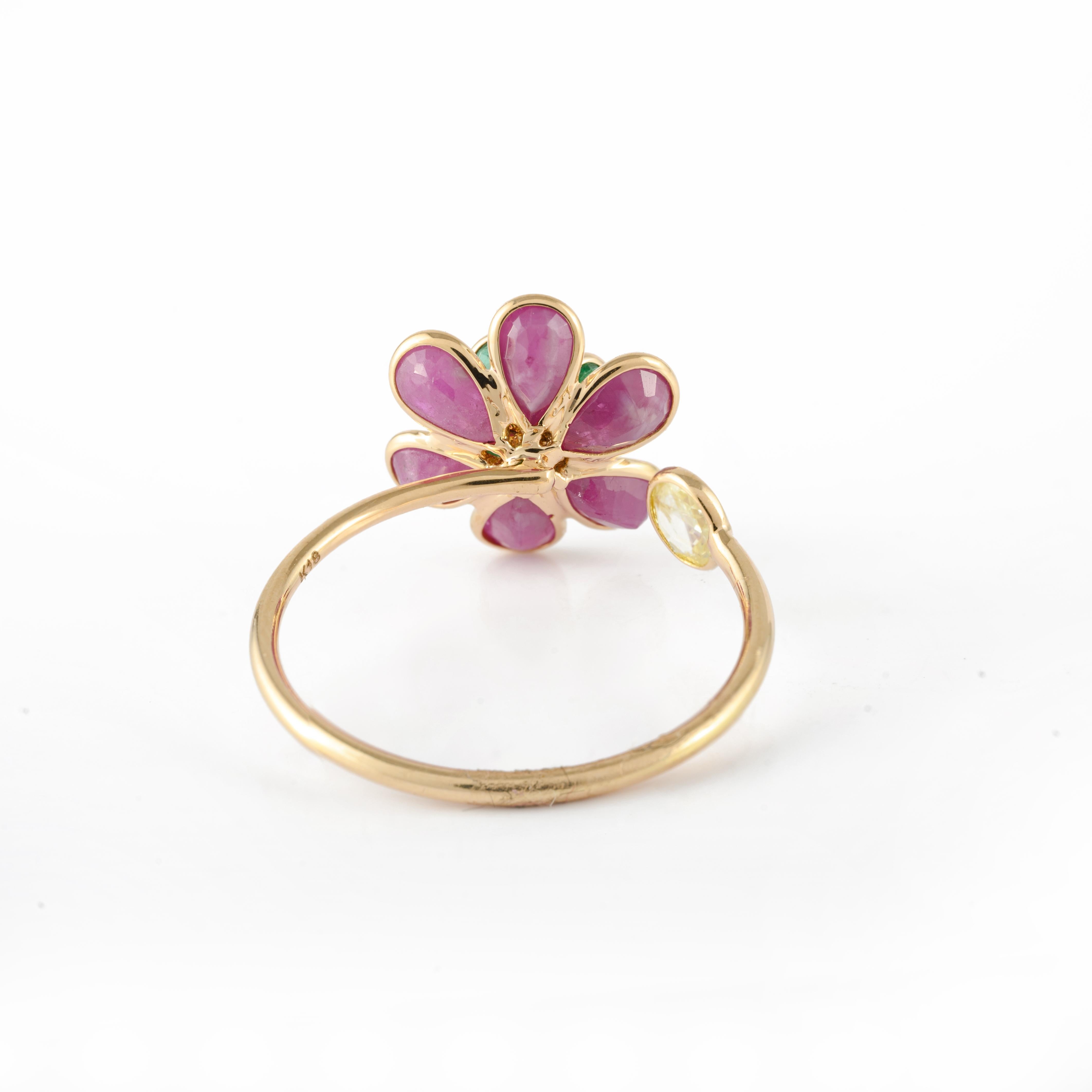 For Sale:  Trendy Ruby Emerald Flower Ring in 18K Yellow Gold, Open Ring 11