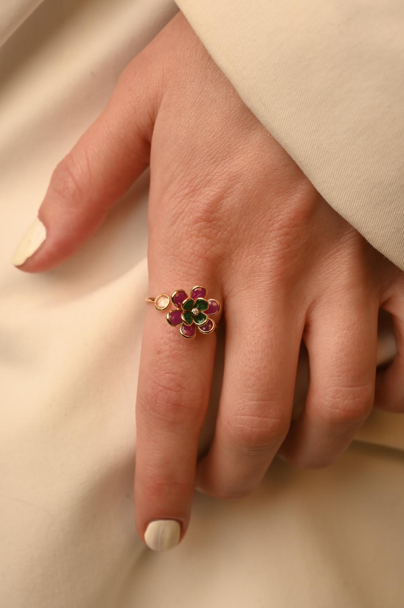 For Sale:  Trendy Ruby Emerald Flower Ring in 18K Yellow Gold, Open Ring 14