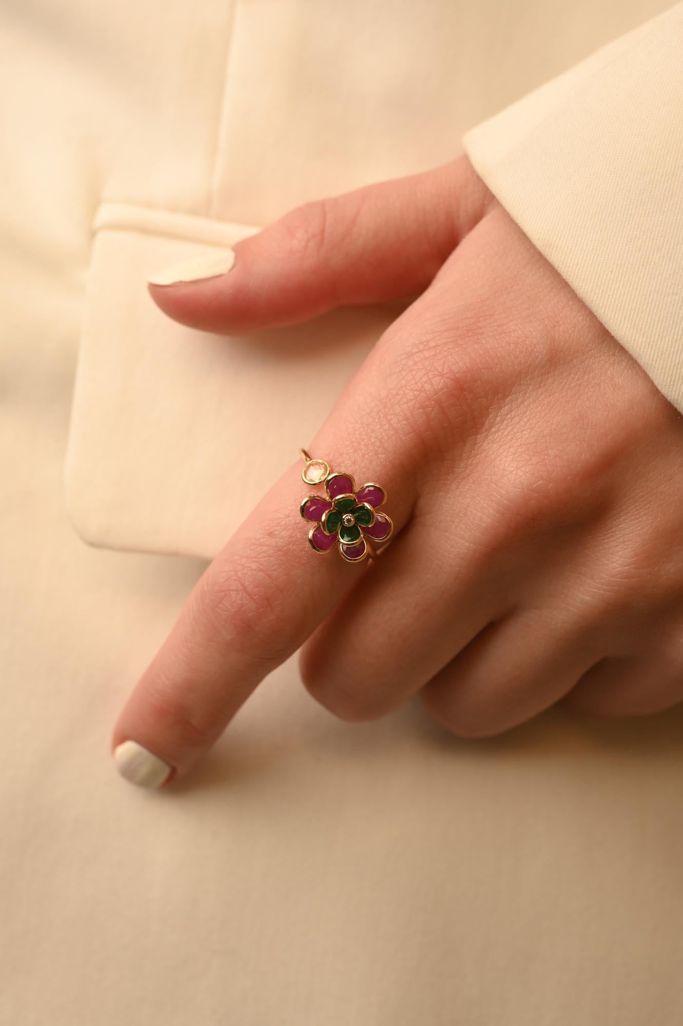 For Sale:  Trendy Ruby Emerald Flower Ring in 18K Yellow Gold, Open Ring 16