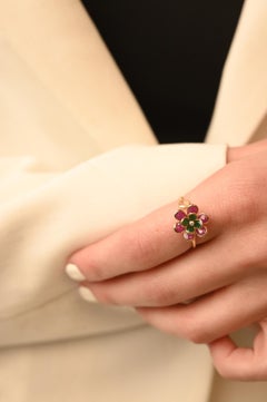 Trendy Ruby Emerald Flower Ring in 18K Yellow Gold, Open Ring