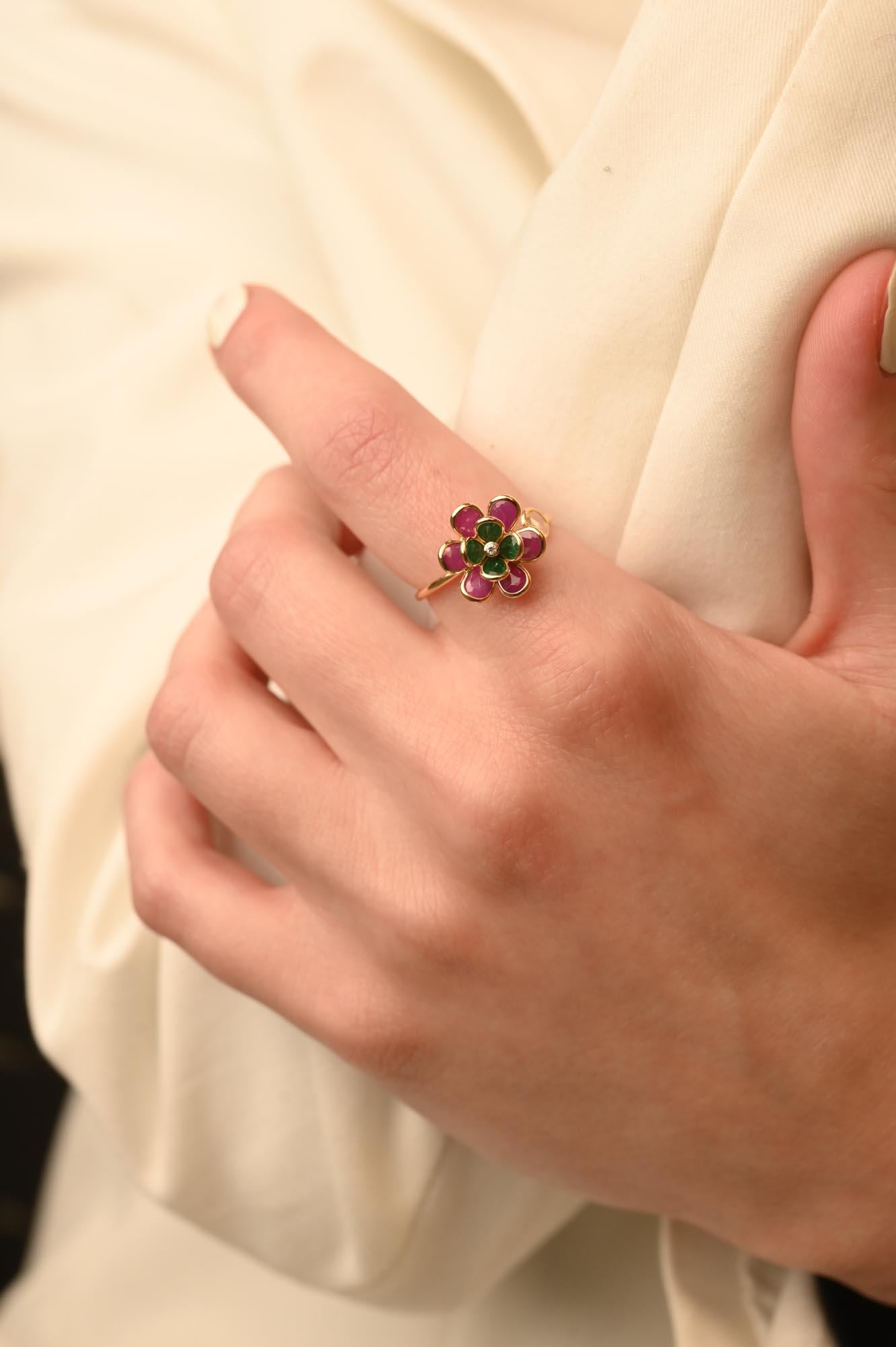 For Sale:  Trendy Ruby Emerald Flower Ring in 18K Yellow Gold, Open Ring 6