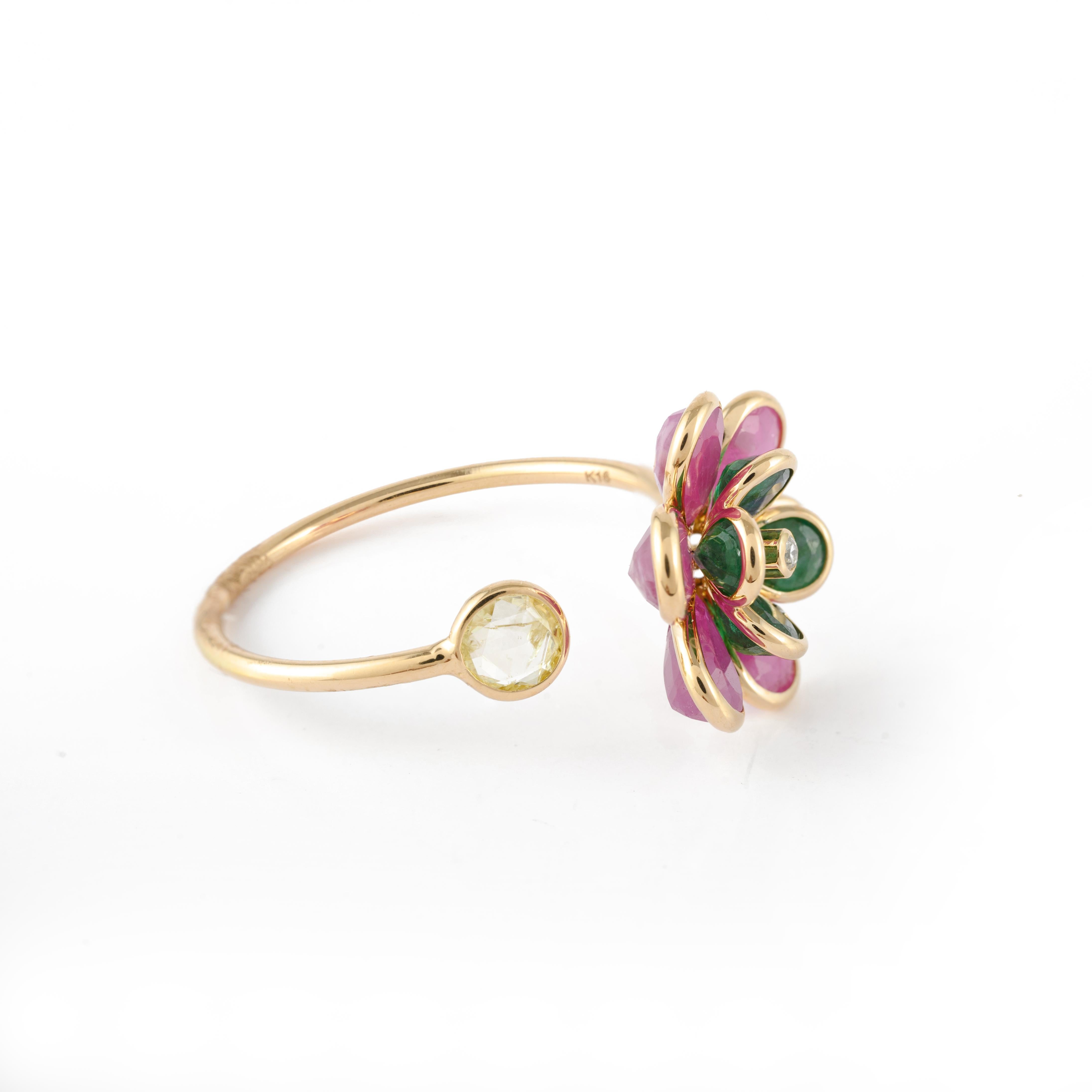 For Sale:  Trendy Ruby Emerald Flower Ring in 18K Yellow Gold, Open Ring 8