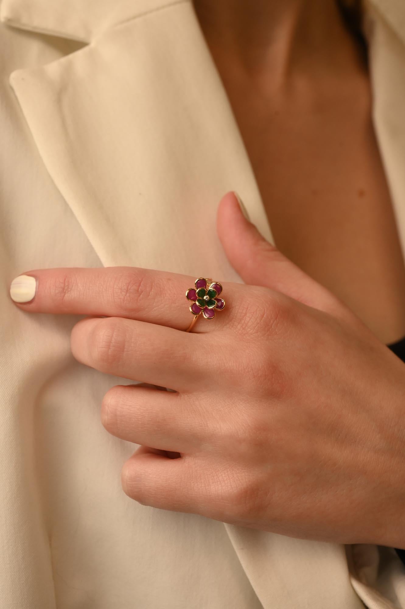For Sale:  Trendy Ruby Emerald Flower Ring in 18K Yellow Gold, Open Ring 9