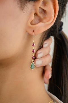Modern Ruby Emerald Long Dangle Drop Earrings for Her in 18k Solid Yellow Gold