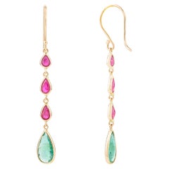 Pendientes colgantes largos modernos de rubí esmeralda para ella en oro amarillo macizo de 18k