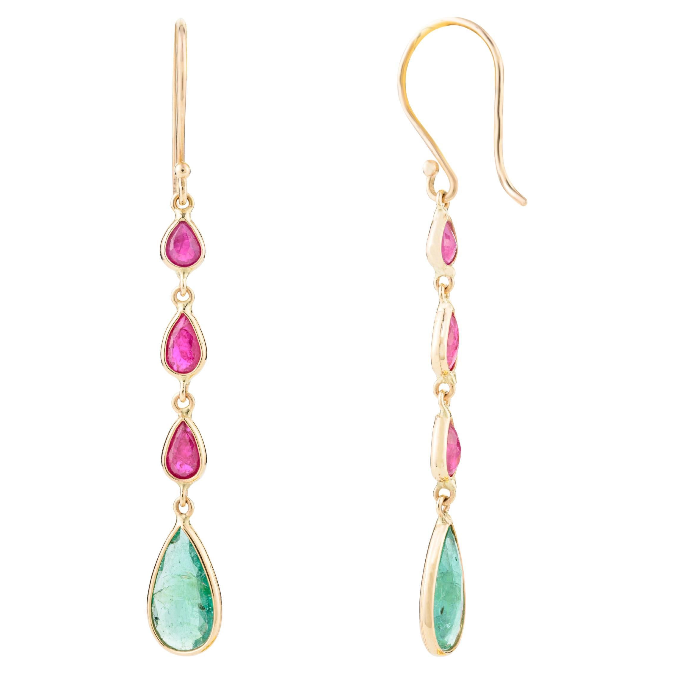 Modern Ruby Emerald Long Dangle Drop Earrings For… - image 1