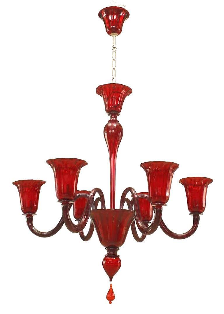 2 Venetian Murano ruby red colored fluted glass 6 arm chandeliers with flared design cup shades and shaped stem with finial drop at bottom. (PRICED EACH)

