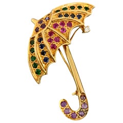 Modern Ruby Sapphire Amethyst Tsavorite Garnet and Diamond 22 Karat Gold Brooch