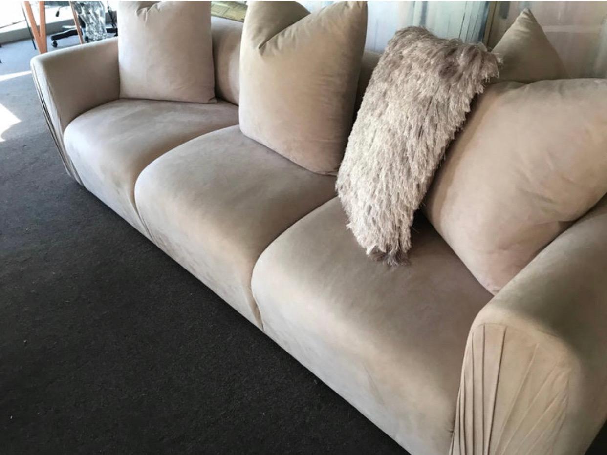 Modern Blush Ultrasuede 1980s Ruched Arm Sofa with 3 Matching Pillows Palm Springs  For Sale
