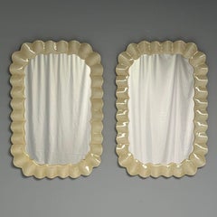 Modern Ruffle Wall Mirrors, White Murano Glass, Brass, Italy, 21st c.
