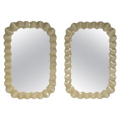 Modern Ruffle Wall Mirrors, White Murano Glass, Brass, Italy, 21st c.