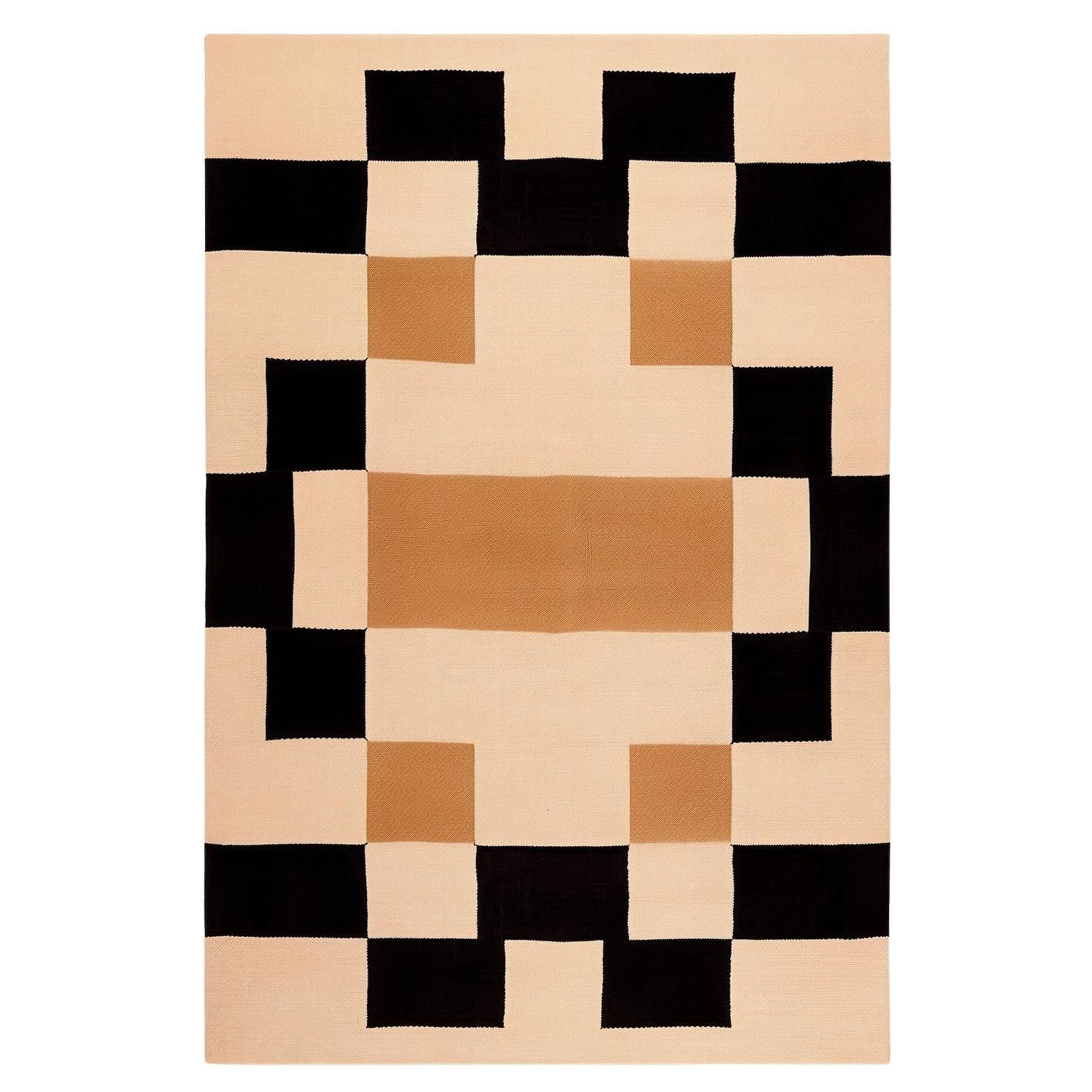 Modern Rug Beige, Yellow Orange & Black Checkered Pattern Memphis Style Insp For Sale