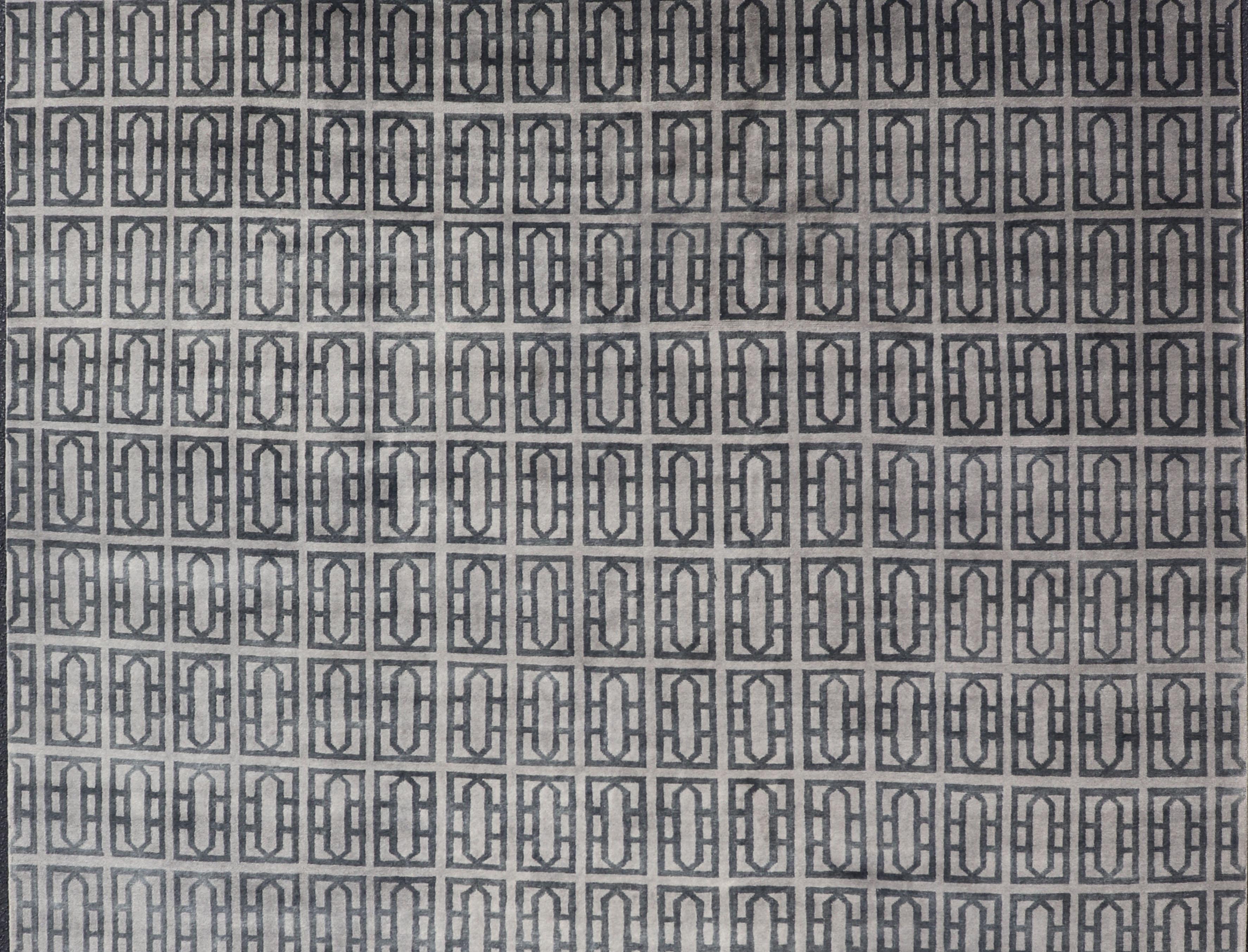XXI secolo e contemporaneo Tappeto moderno di Keivan Woven Arts con design geometrico in grigio e nero. in vendita