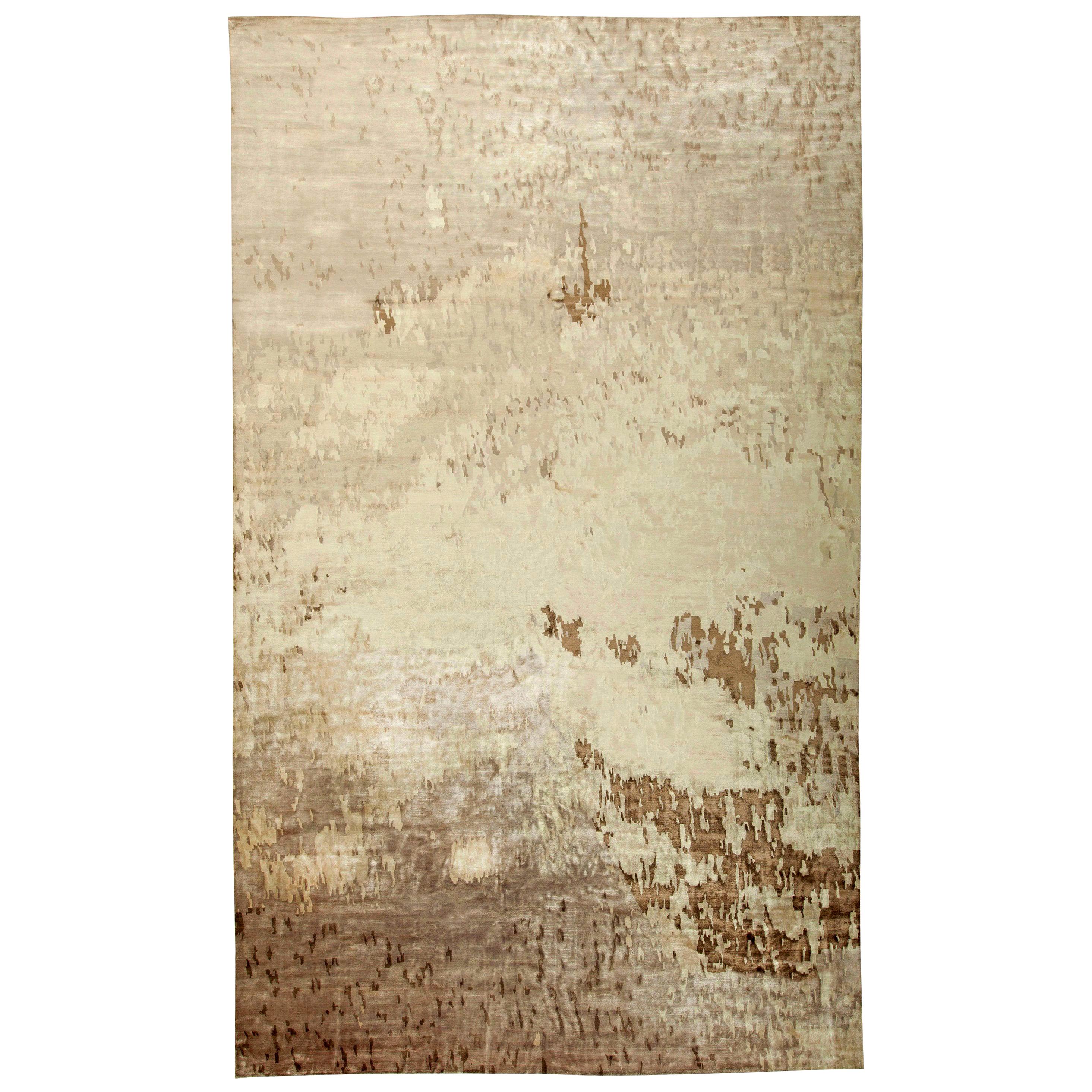 Modern Abstract Brown & Beige Hand-knotted Silk Rug